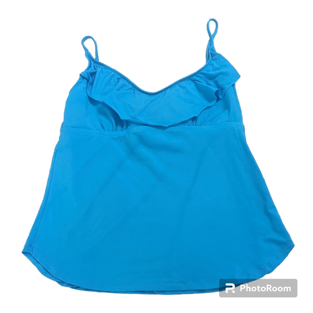 Stylus Blue Ruffled Neckline Padded Swim Top. Women's Medium